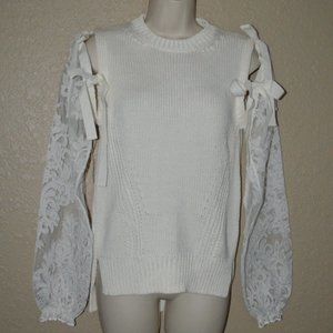 Sz S No 21 Winter White Contrast Long Tie On Lace Sleeve Sweater